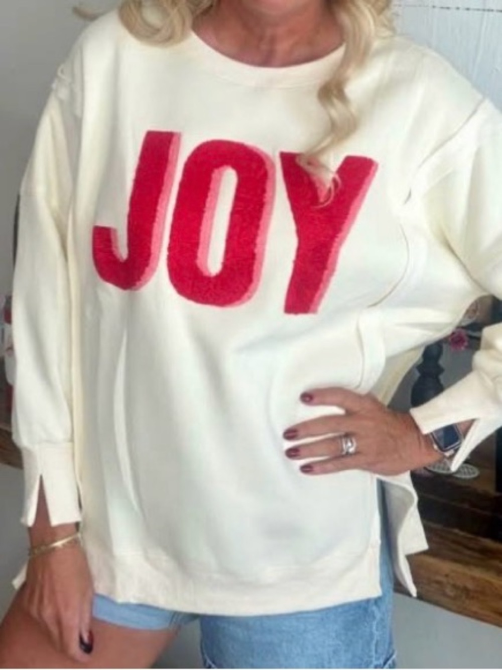 JOY Crewneck Sweatshirt - Cream with Red Lettering